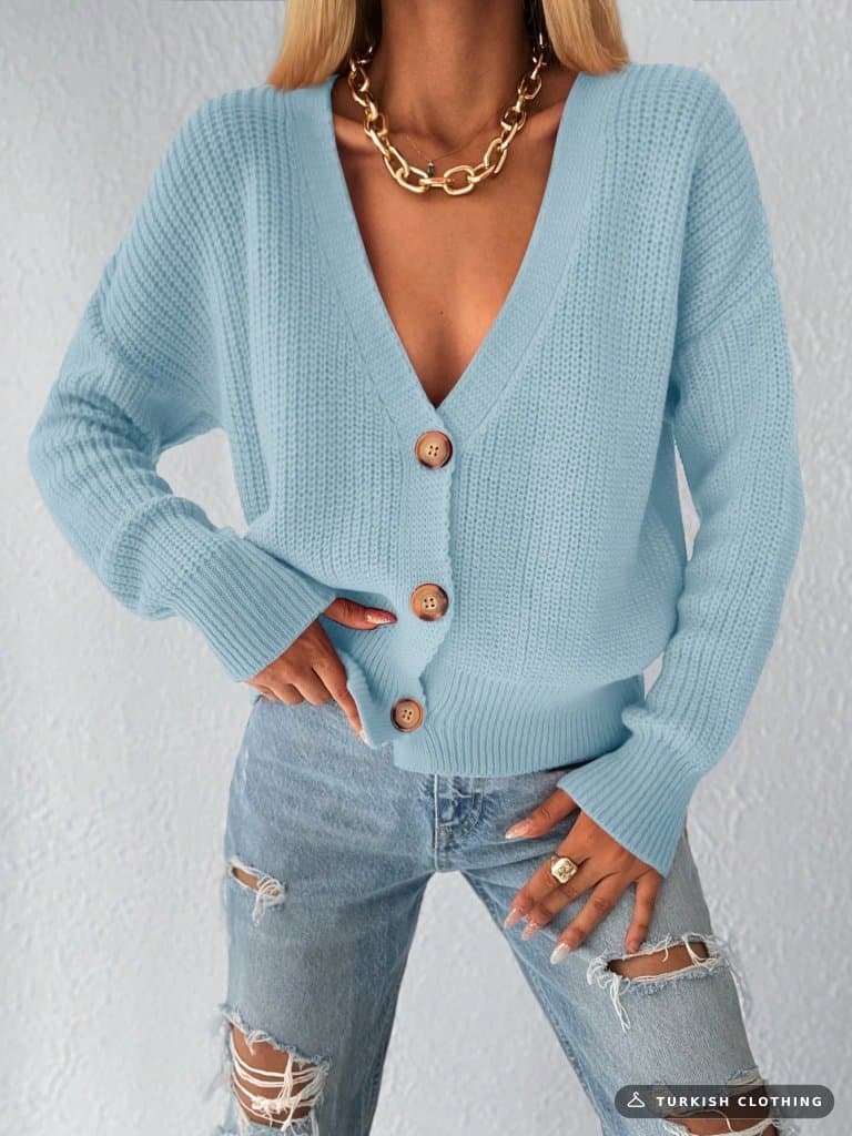 Button Detail Knitwear Blouse, 11783 — Blue in Knit – back view, wholesale Knitwear from Türkiye