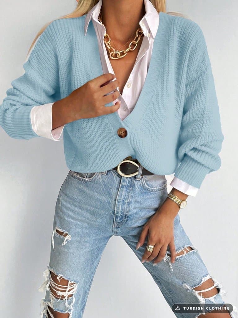 Button Detail Knitwear Blouse, 11783 — Blue in Knit – fabric detail, wholesale Knitwear from Türkiye