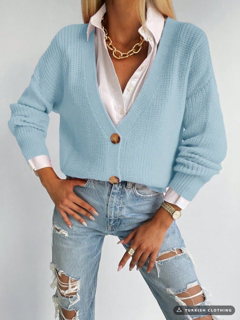 Button Detail Knitwear Blouse, 11783 — Blue in Knit – full-length view, wholesale Knitwear from Türkiye