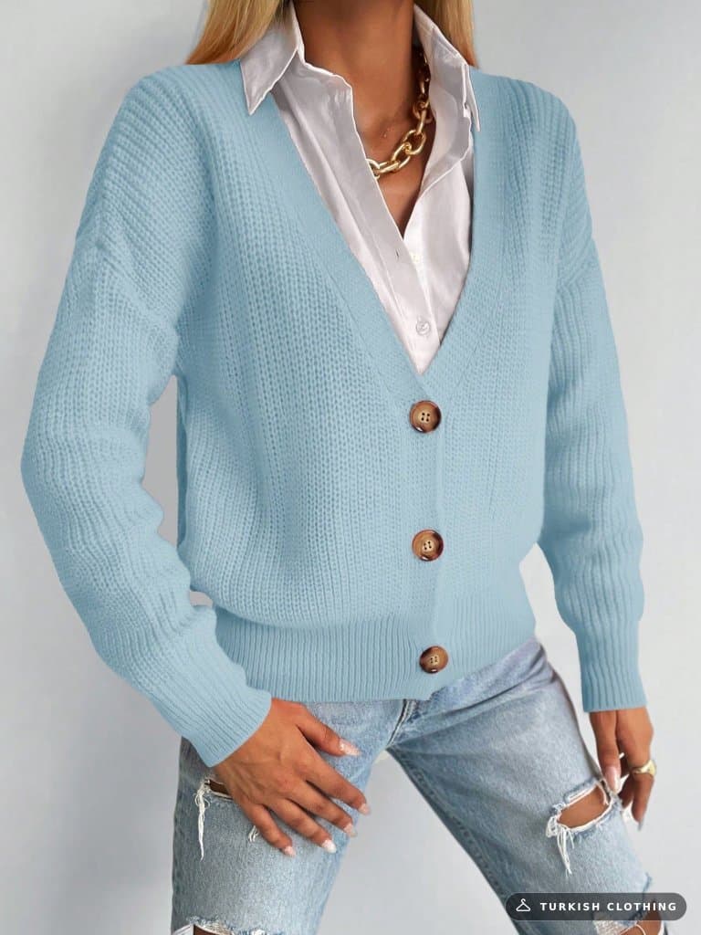 Button Detail Knitwear Blouse, 11783 — Blue in Knit – side view, wholesale Knitwear from Türkiye
