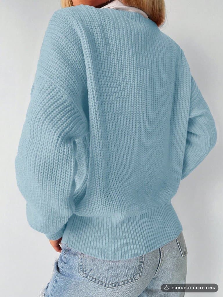 Button Detail Knitwear Blouse, 11783 — Blue in Knit – styling detail, wholesale Knitwear from Türkiye