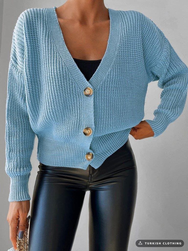 Button Detail Knitwear Blouse, 30903 — Blue in Knit – back view, wholesale Knitwear from Türkiye
