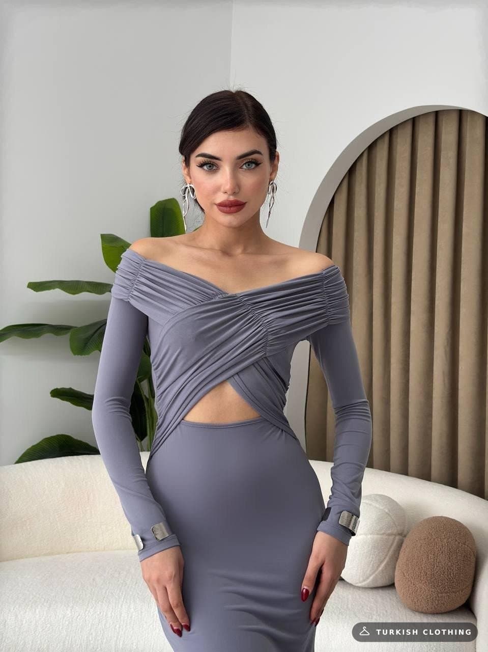 Ashley Sash Low-Cut Dress — Smoke Gray in Poplin · – wholesale Women's Dresses by Etika, Turkish clothing manufacturer