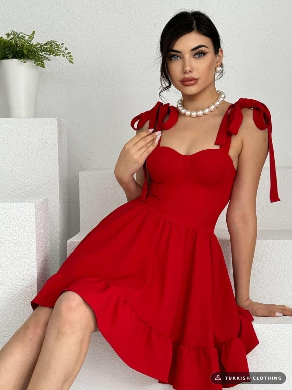 ATLAS Dress with Rope Straps AND Binding — Red in Poplin – wholesale Women's Dresses by Etika, Turkish clothing manufacturer