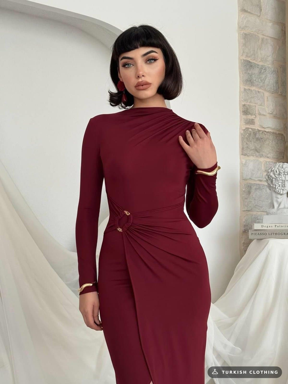 Baggy Brooch Detailed Dress — Burgundy in Diver – wholesale Women's Dresses by Etika, Turkish clothing manufacturer