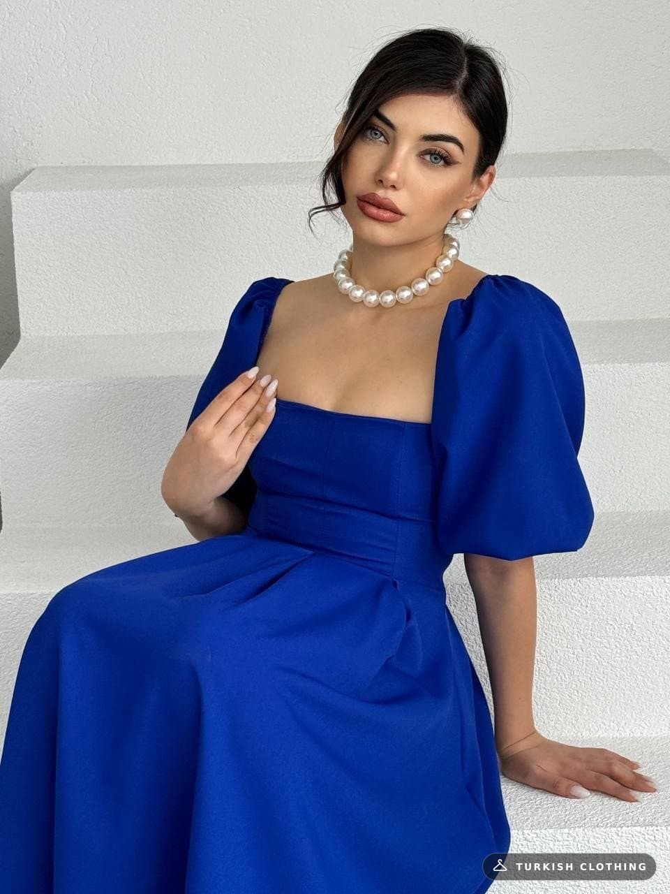 Benjamin A-Line Skirt Midi Dress — Saxe Blue in Poplin – wholesale Women's Dresses by Etika, Turkish clothing manufacturer