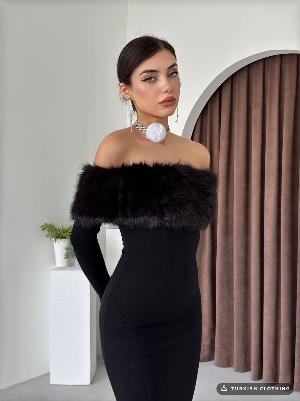 Bestia Strapless Feather Detailed Dress — Black – wholesale Women's Dresses by Etika, Turkish clothing manufacturer