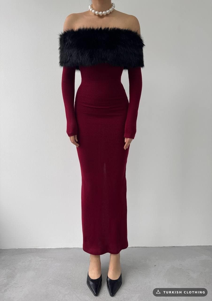 Bestia Strapless Feather Detailed Dress — Burgundy – wholesale Women's Dresses by Etika, Turkish clothing manufacturer