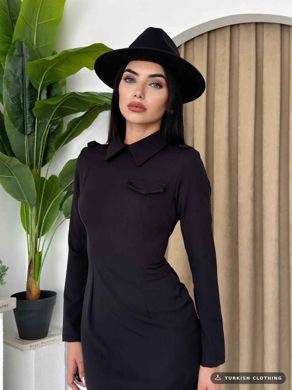 Black Midi Dress with Stanley Collar in Poplin · – wholesale Women's Dresses by Etika, Turkish clothing manufacturer