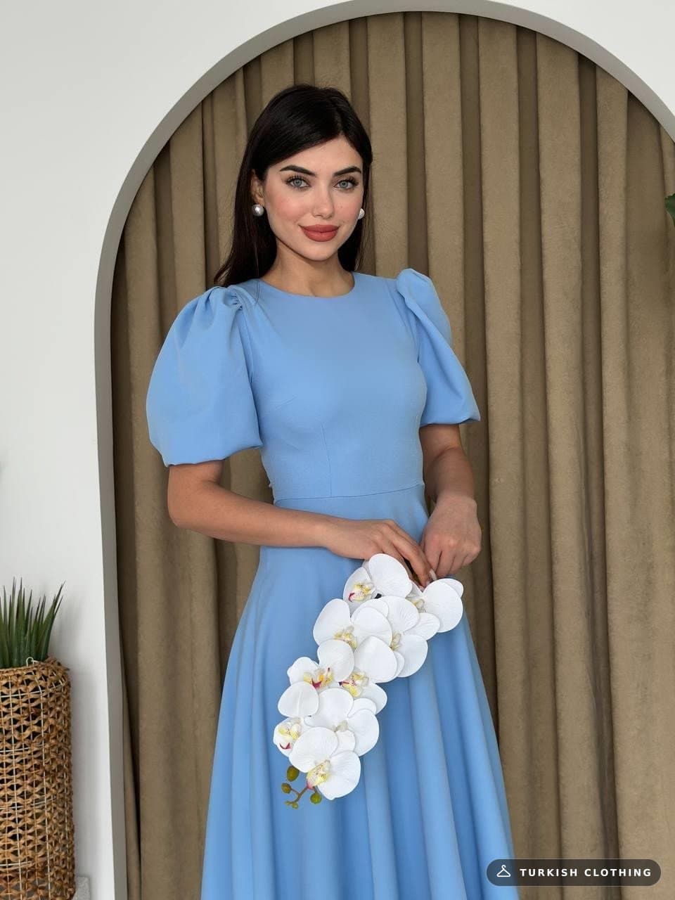 Catania Balloon Sleeve Dress — Baby Blue in Poplin · – wholesale Women's Dresses by Etika, Turkish clothing