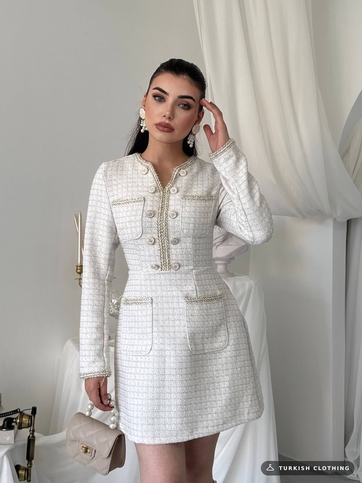 Cernas Pocket Detailed Dress — Ecru in Chanel – wholesale Women's Dresses by Etika, Turkish clothing manufacturer