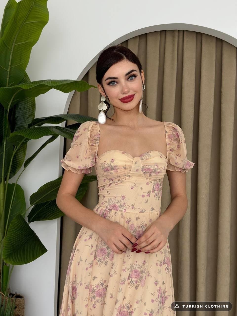 CHIFFON Fabric Digital Pattern Printed Dress — Beige in Poplin – wholesale Women's Dresses by Etika, Turkish clothing