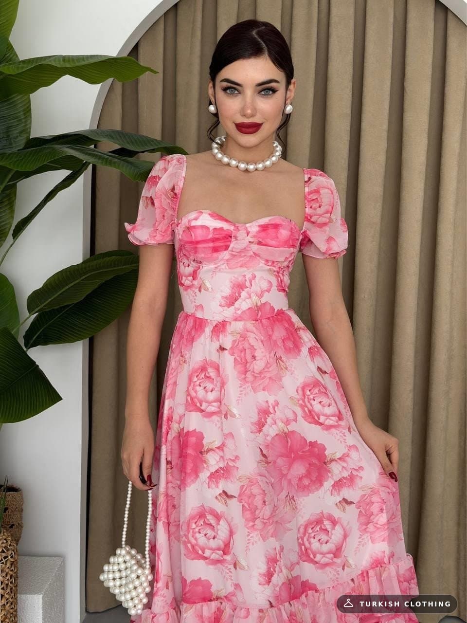 CHIFFON Fabric Digital Pattern Printed Dress — Red in Poplin – wholesale Women's Dresses by Etika, Turkish clothing