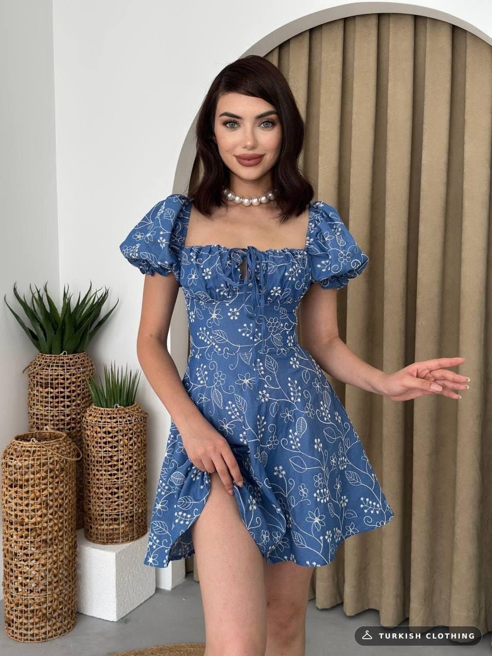 Clove Dress with Elastic Sleeves — Indigo in Poplin – wholesale Women's Dresses by Etika, Turkish clothing manufacturer