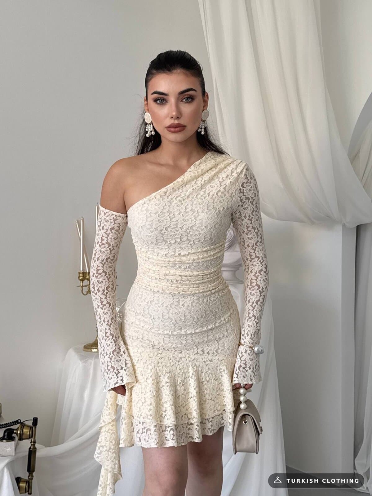 Desam Mini Dress — Beige in Lace – wholesale Women's Dresses by Etika, Turkish clothing manufacturer