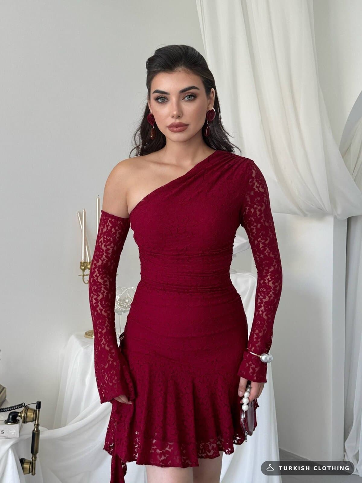 Desam Mini Dress — Burgundy in Lace – wholesale Women's Dresses by Etika, Turkish clothing manufacturer