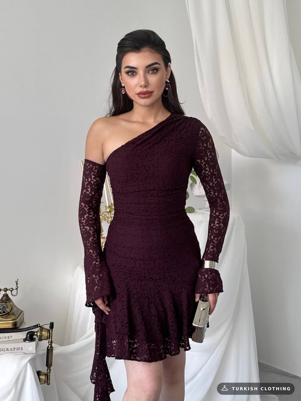 Desam Mini Dress — Plum in Lace – wholesale Women's Dresses by Etika, Turkish clothing manufacturer