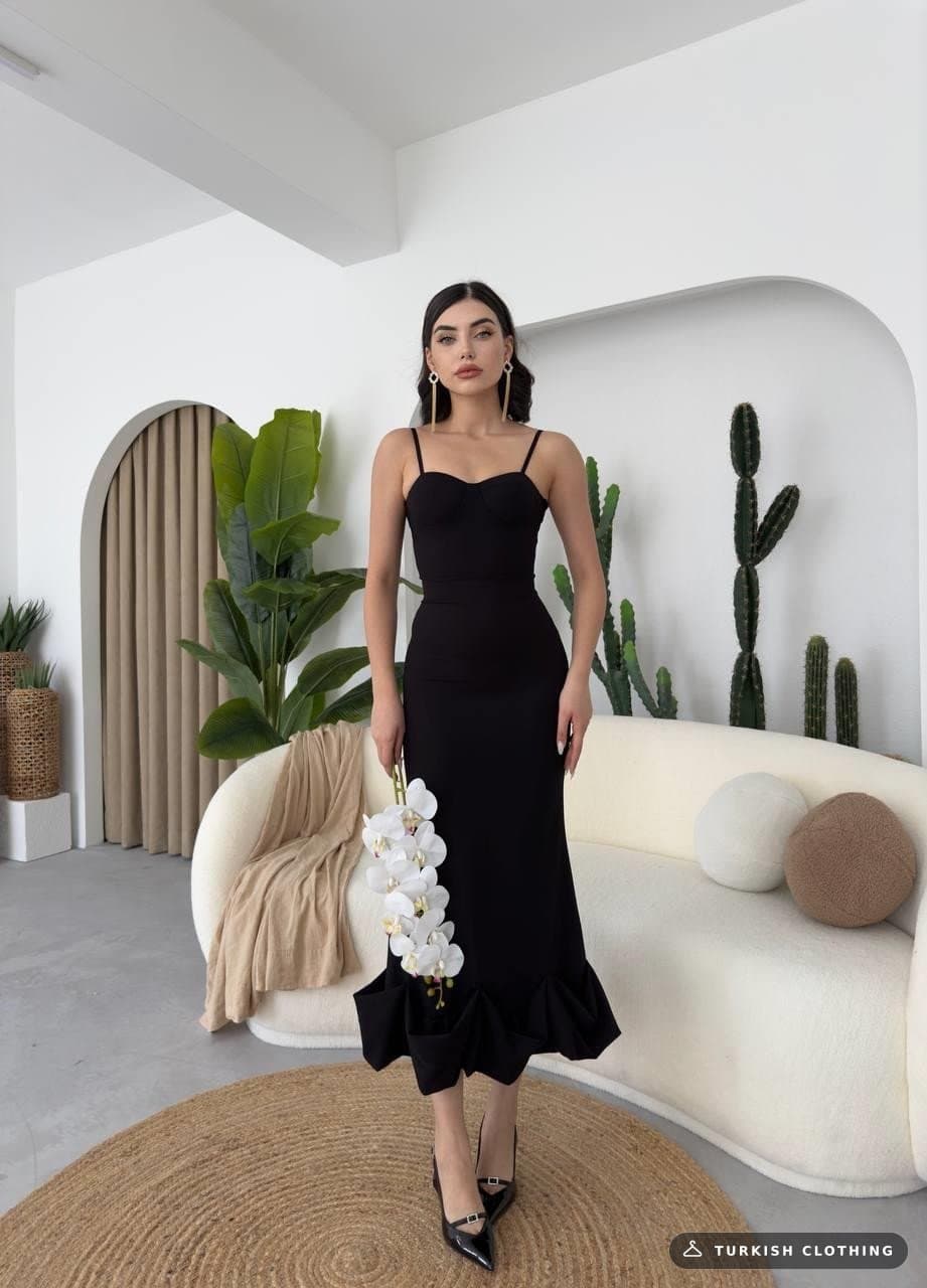 Dominic Midi Dress with Gathered Skirt — Black in Poplin · – wholesale Women's Dresses by Etika, Turkish clothing