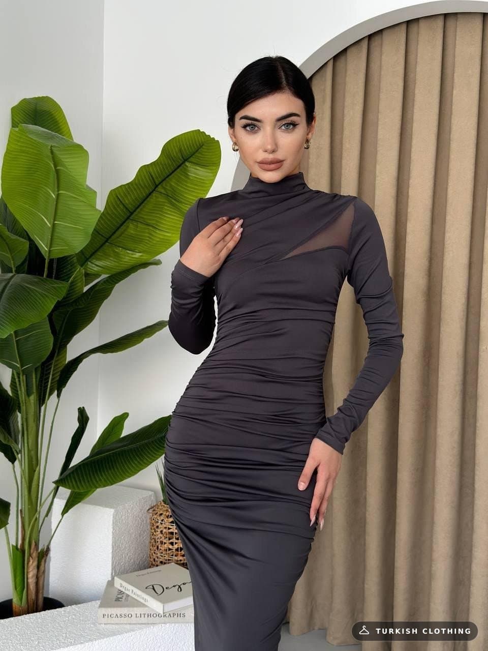 Dorra Slit Long Sleeve Dress — Smoke Gray in Poplin · – wholesale Women's Dresses by Etika, Turkish clothing