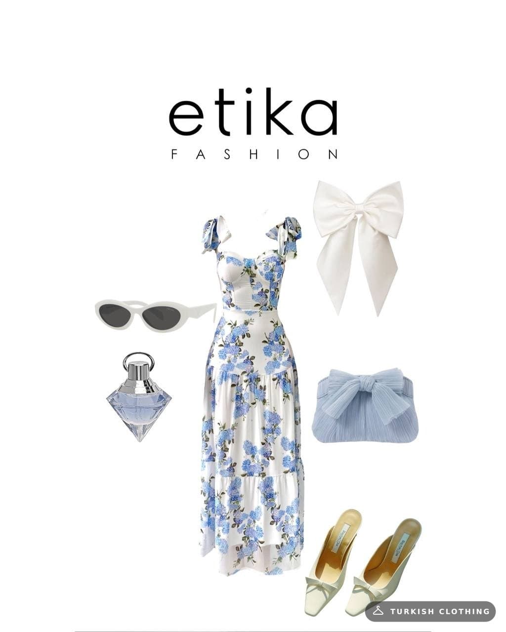 Elgans Shoulder Tie Dress — Floral D. Blue – wholesale Women's Dresses by Etika, Turkish clothing manufacturer