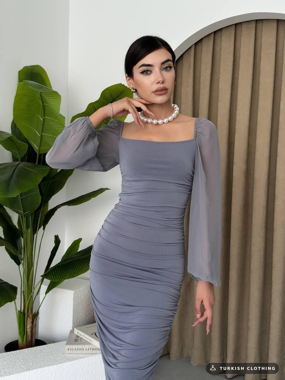 Engla Dress with Tulle Sleeves and Detail — Grey in Poplin · – wholesale Women's Dresses by Etika, Turkish clothing