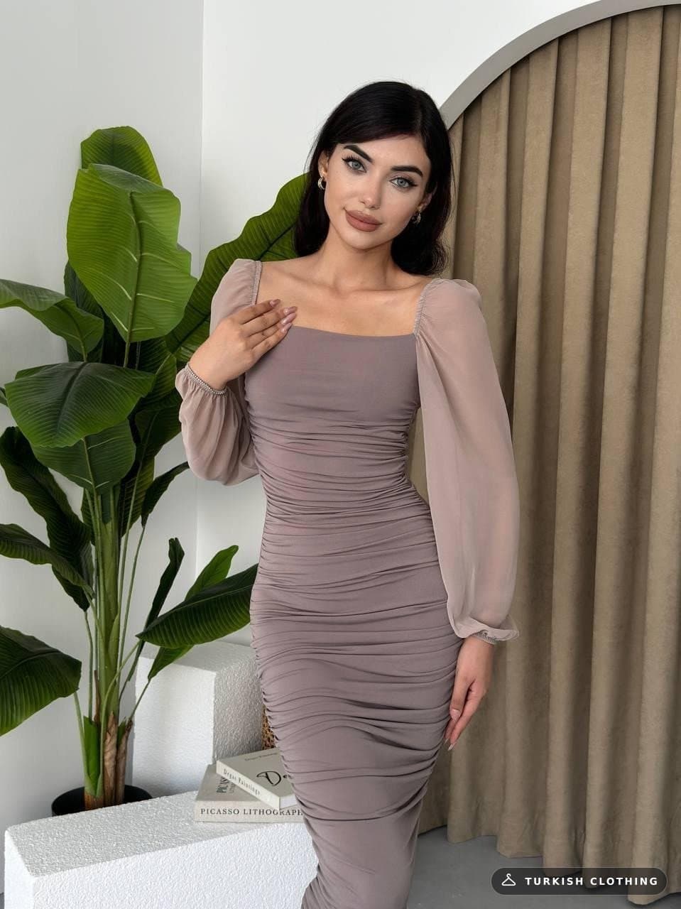 Engla Dress with Tulle Sleeves and Detail — Mink in Poplin · – wholesale Women's Dresses by Etika, Turkish clothing