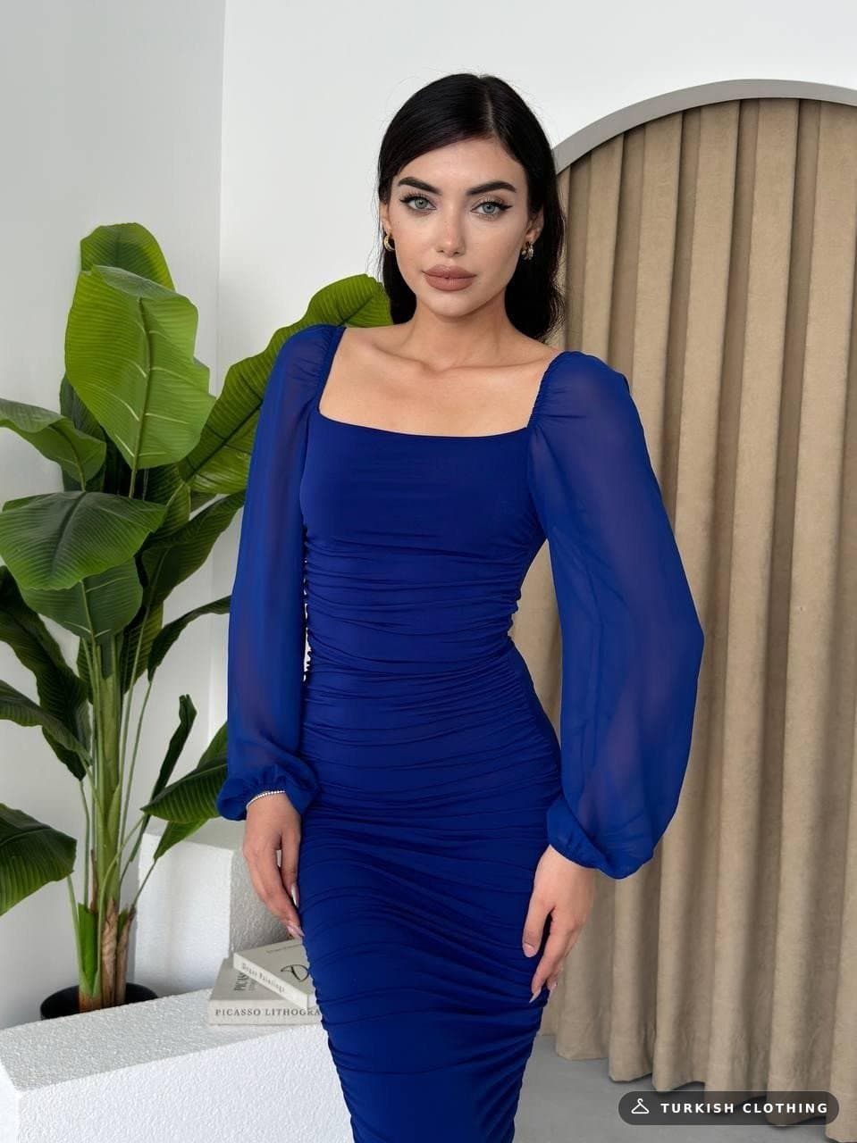 Engla Dress with Tulle Sleeves and Detail — Navy in Poplin · – wholesale Women's Dresses by Etika, Turkish clothing