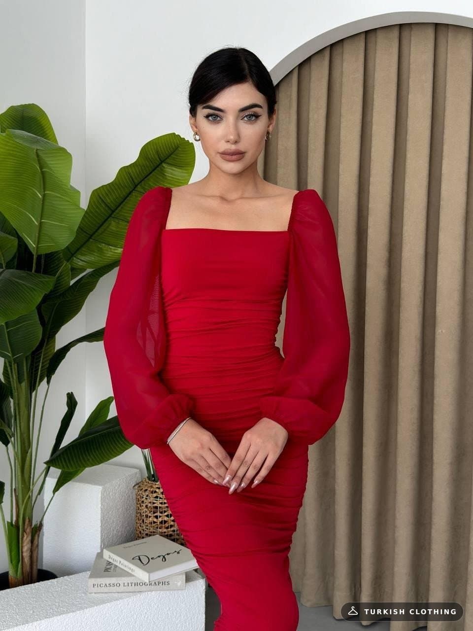 Engla Dress with Tulle Sleeves and Detail — Red in Poplin · – wholesale Women's Dresses by Etika, Turkish clothing
