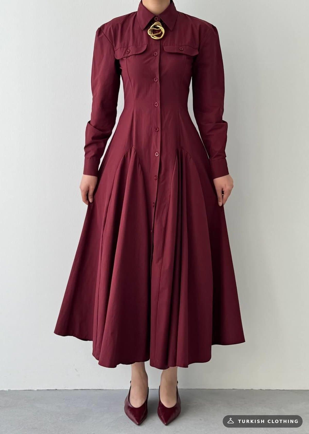 Feris Button Detailed Dress — Burgundy in Poplin – wholesale Women's Dresses by Etika, Turkish clothing manufacturer