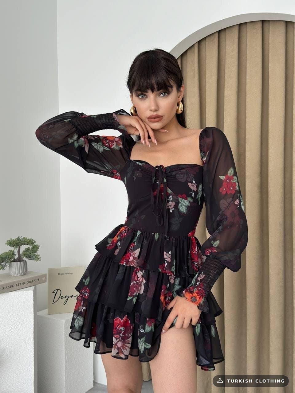 Fresa Long Sleeve Chiffon Dress — Black in Poplin – wholesale Women's Dresses by Etika, Turkish clothing manufacturer