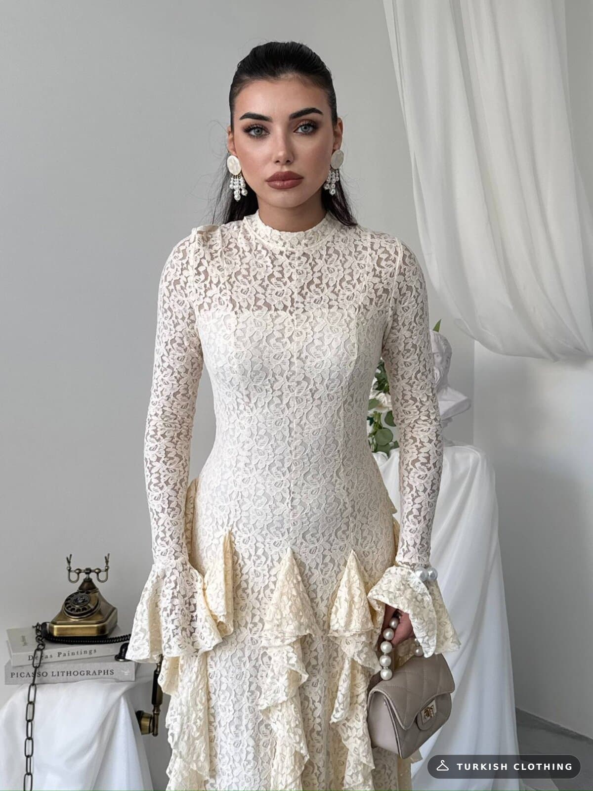 Furuz Midi Dress — Beige in Lace – wholesale Women's Dresses by Etika, Turkish clothing manufacturer