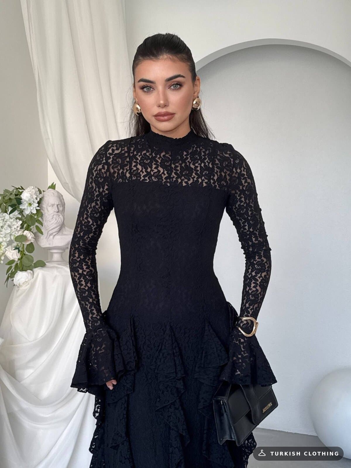 Furuz Midi Dress — Black in Lace – wholesale Women's Dresses by Etika, Turkish clothing manufacturer