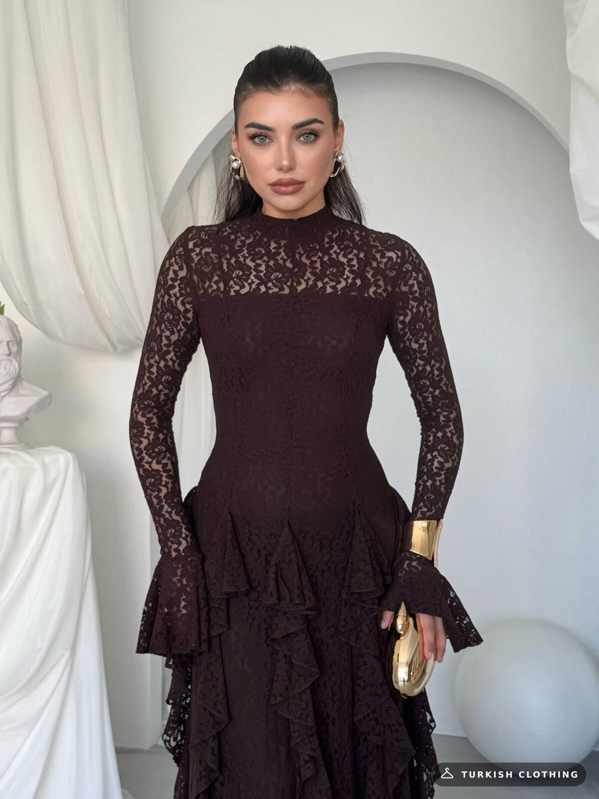 Furuz Midi Dress — Brown in Lace – wholesale Women's Dresses by Etika, Turkish clothing manufacturer