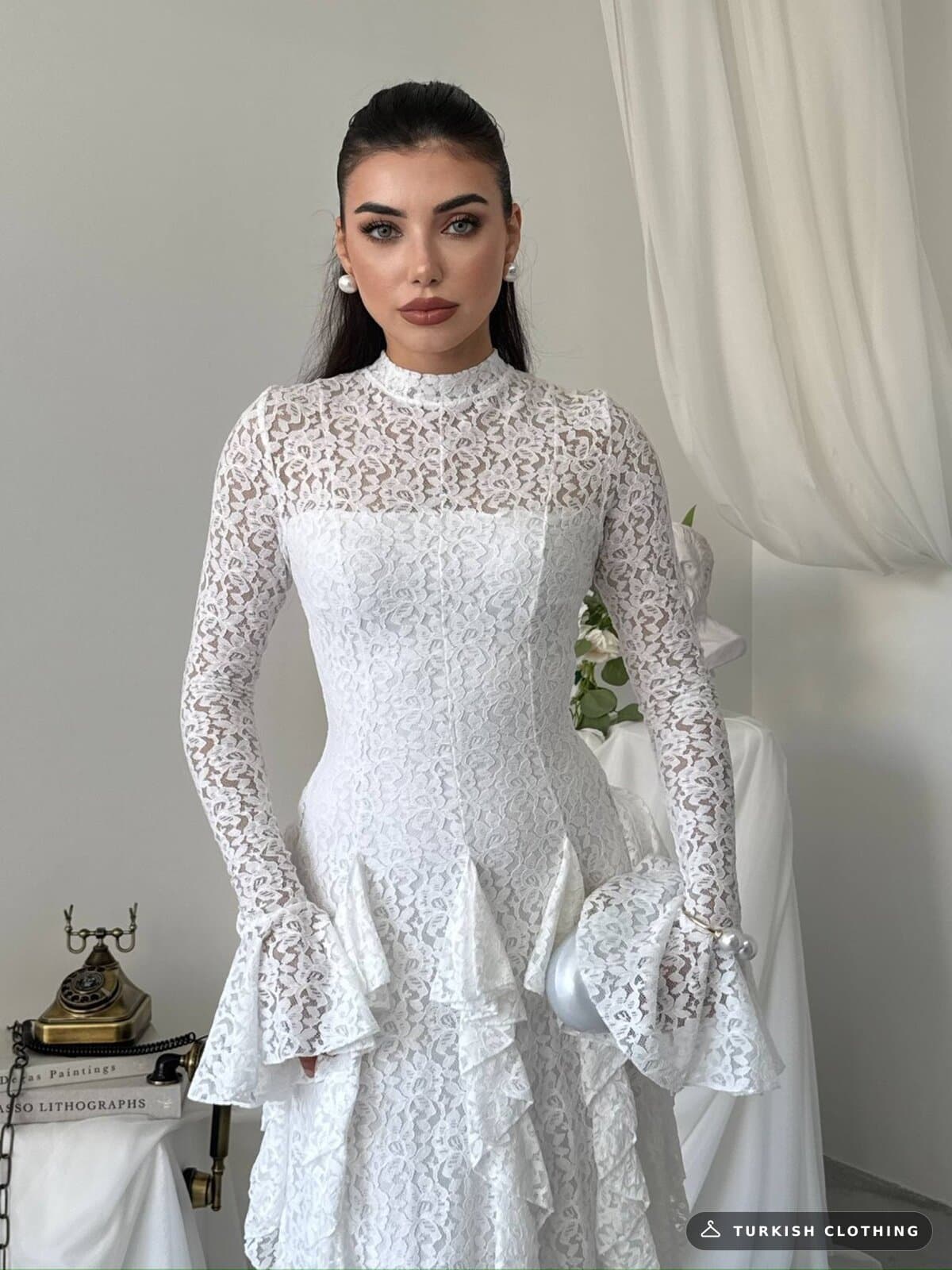 Furuz Midi Dress — White in Lace – wholesale Women's Dresses by Etika, Turkish clothing manufacturer