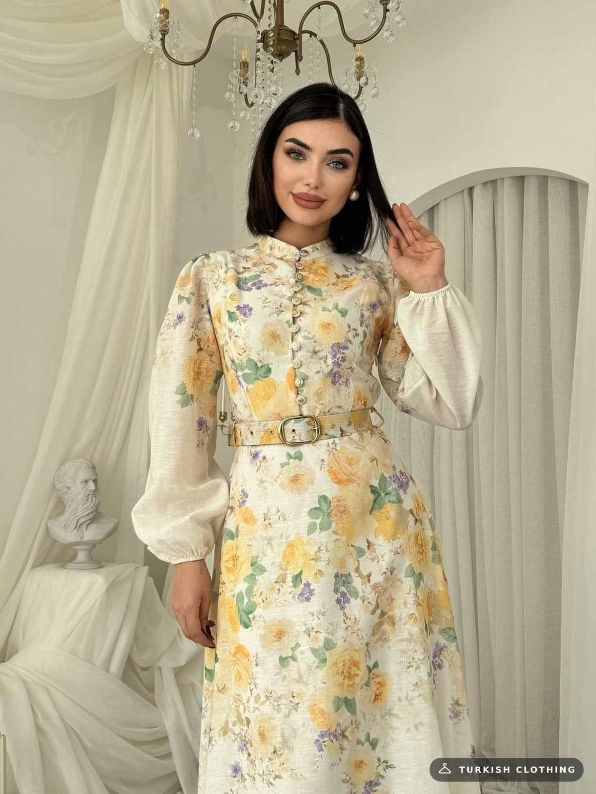 Hard Hat Belt Detailed Dress — Floral D. Yellow in Linen – wholesale Women's Dresses by Etika, Turkish clothing manufacturer