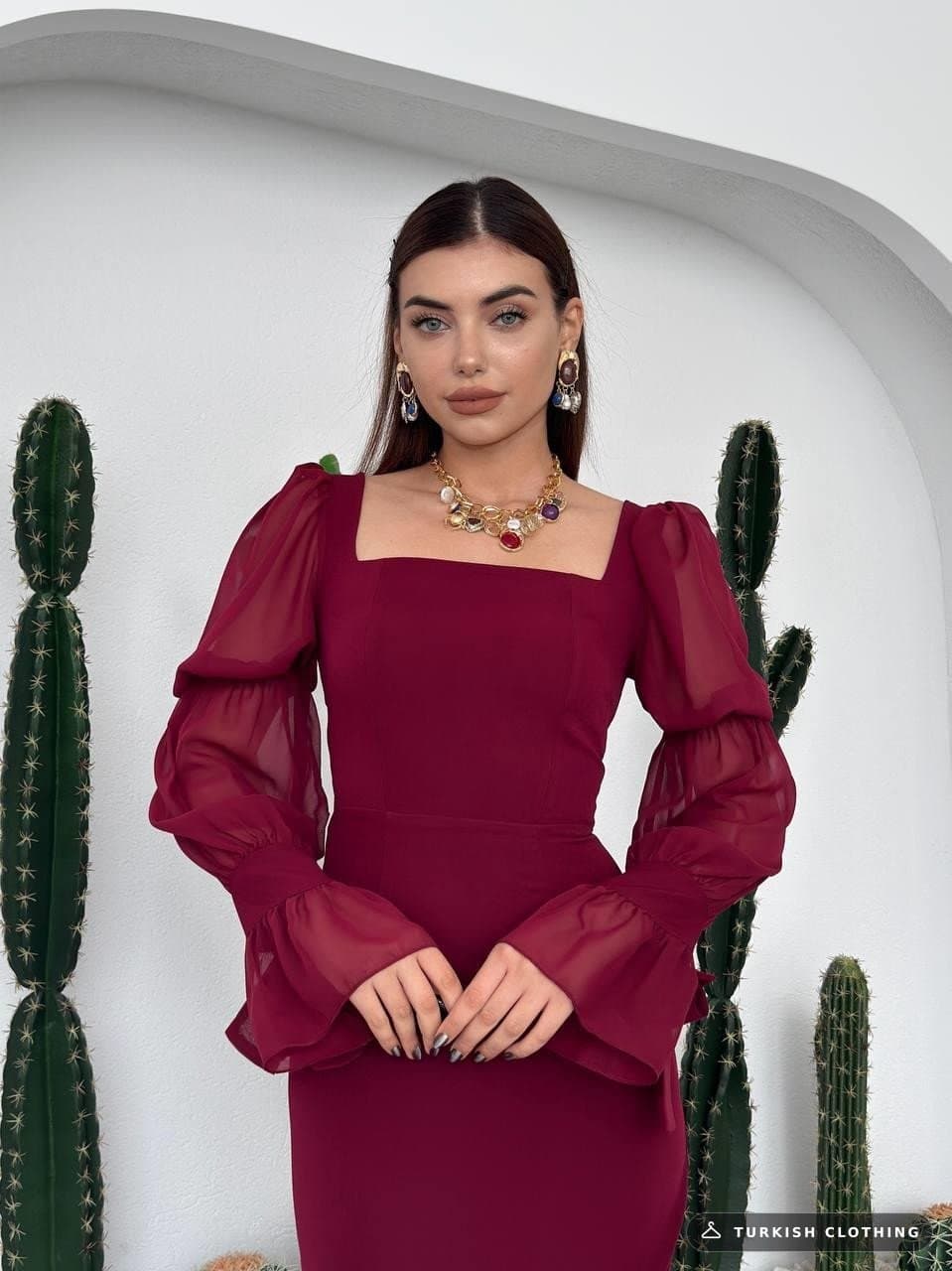 Hare Sleeves Ruffle Detailed Dress — Burgundy in Chiffon – wholesale Women's Dresses by Etika, Turkish clothing manufacturer