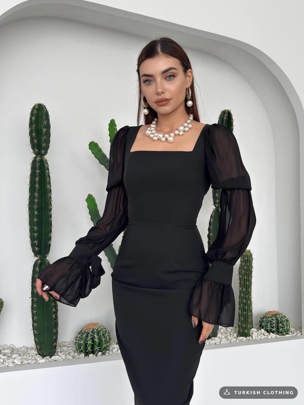 Hare Sleeves Ruffle Detailed Dress — Red in Chiffon – wholesale Women's Dresses by Etika, Turkish clothing manufacturer