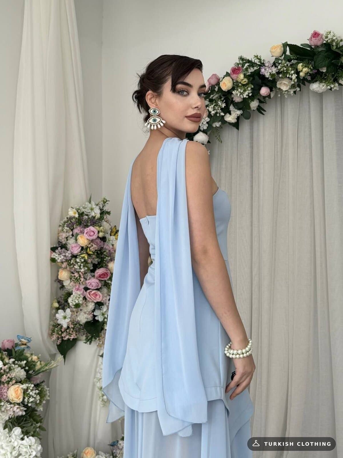 Hulos Shawl Detailed Dress — Baby Blue in Chiffon - Satin – wholesale Women's Dresses by Etika, Turkish clothing manufacturer