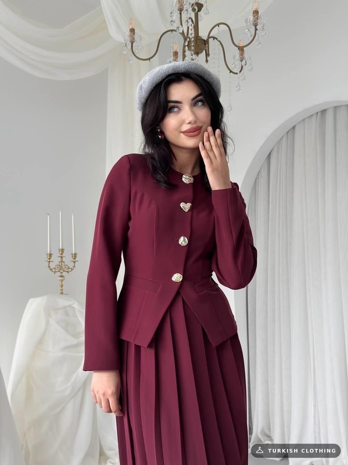 Insa Karma Button Detailed Set — Burgundy in Satin – wholesale Women's Dresses by Etika, Turkish clothing manufacturer