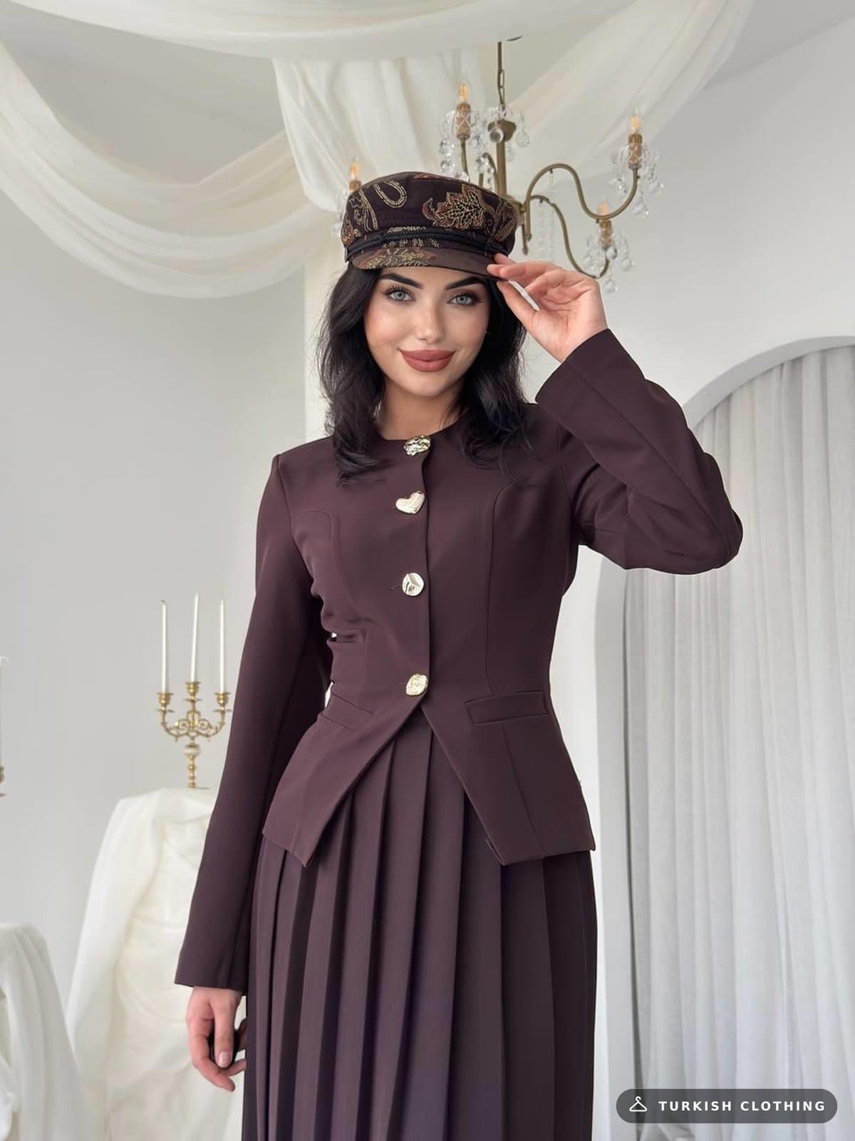 Insa Karma Button Detailed Set — Brown in Satin – wholesale Women's Dresses by Etika, Turkish clothing manufacturer