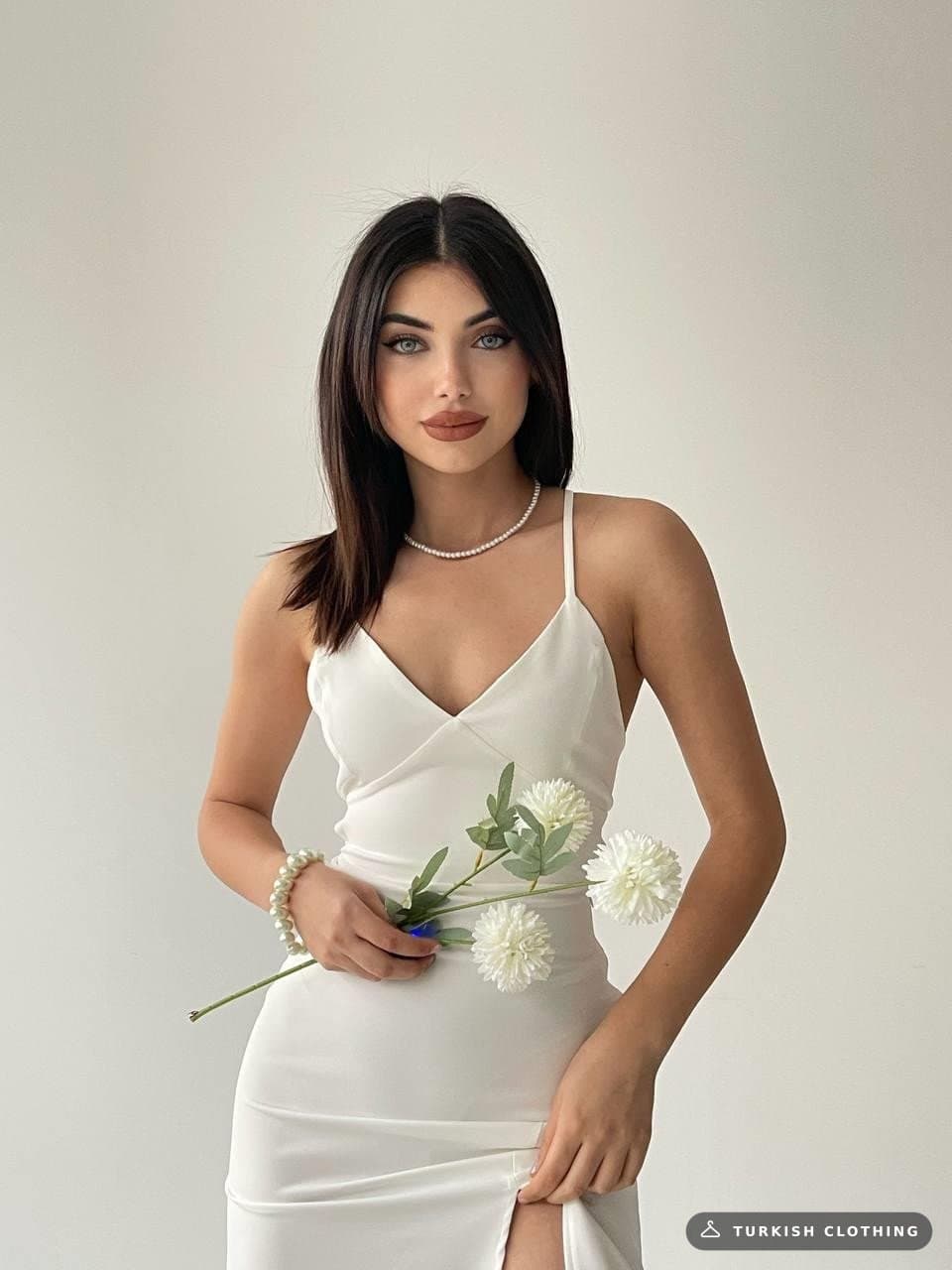 Kaitlyn Backless V-Neck Slit Dress — Ecru in Poplin · – wholesale Women's Dresses by Etika, Turkish clothing