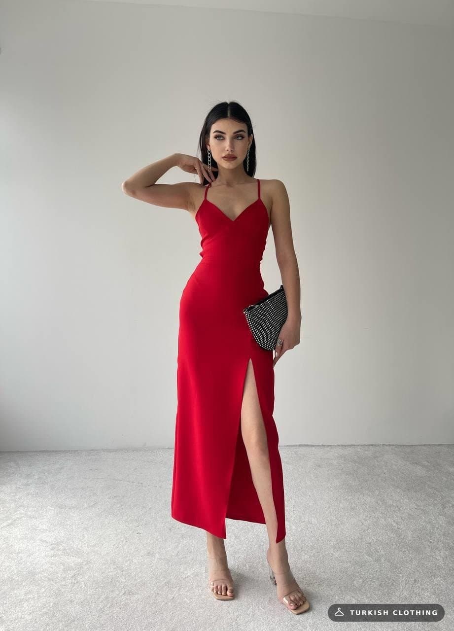 Kaitlyn Backless V-Neck Slit Dress — Red in Poplin · – wholesale Women's Dresses by Etika, Turkish clothing