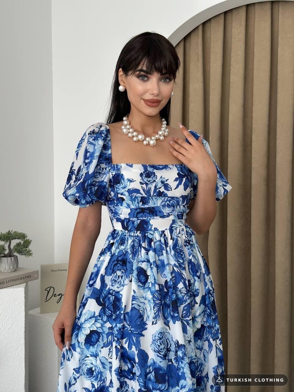 Kassel Square Neck Short Sleeve Dress — Blue White – wholesale Women's Dresses by Etika, Turkish clothing manufacturer