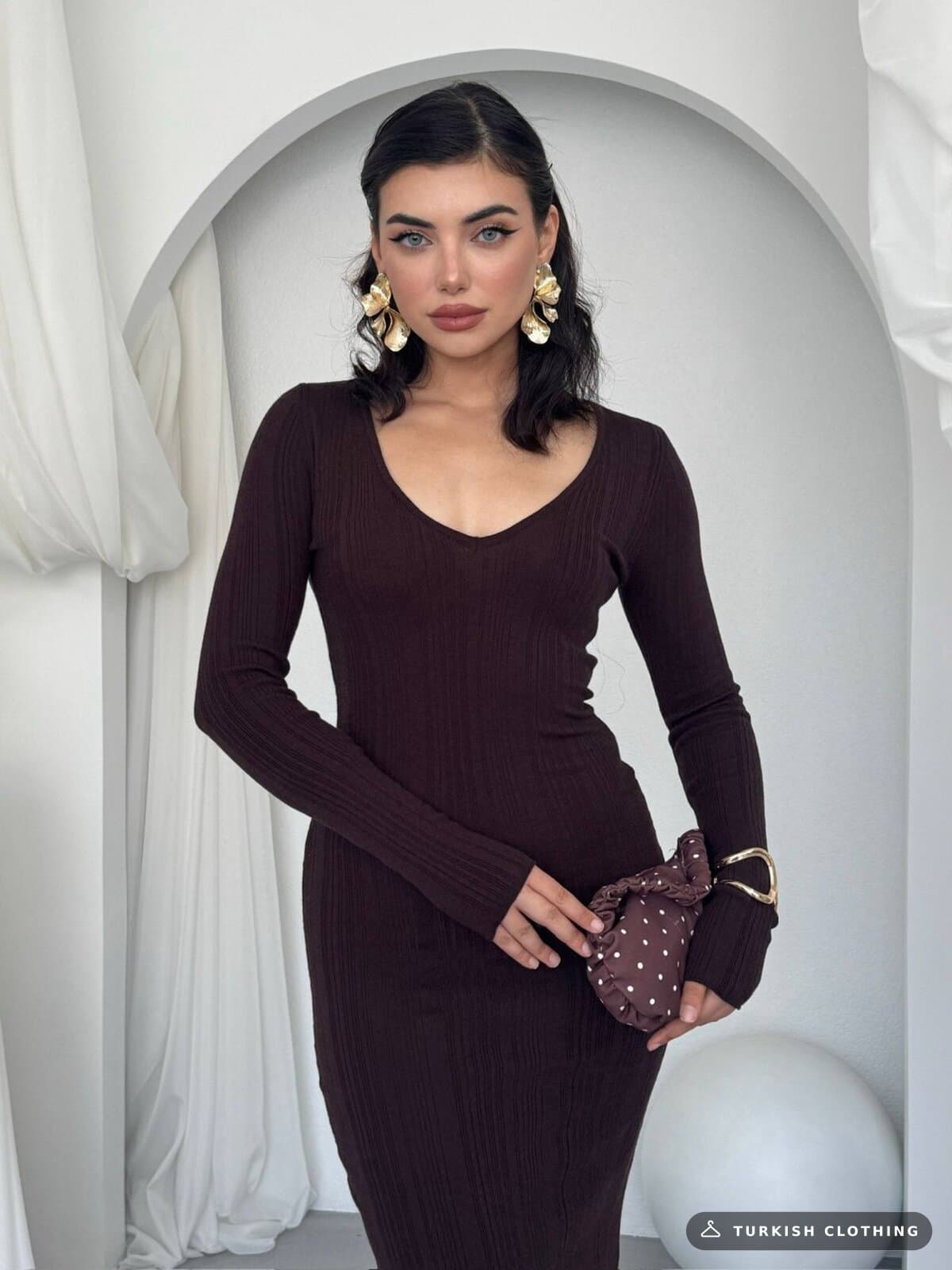 Ketas Midi Dress — Brown in Acrylic – wholesale Women's Dresses by Etika, Turkish clothing manufacturer