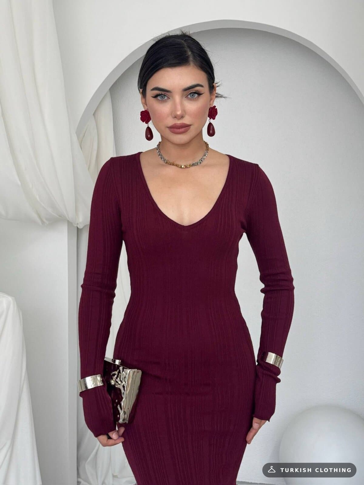 Ketas Midi Dress — Burgundy in Acrylic – wholesale Women's Dresses by Etika, Turkish clothing manufacturer
