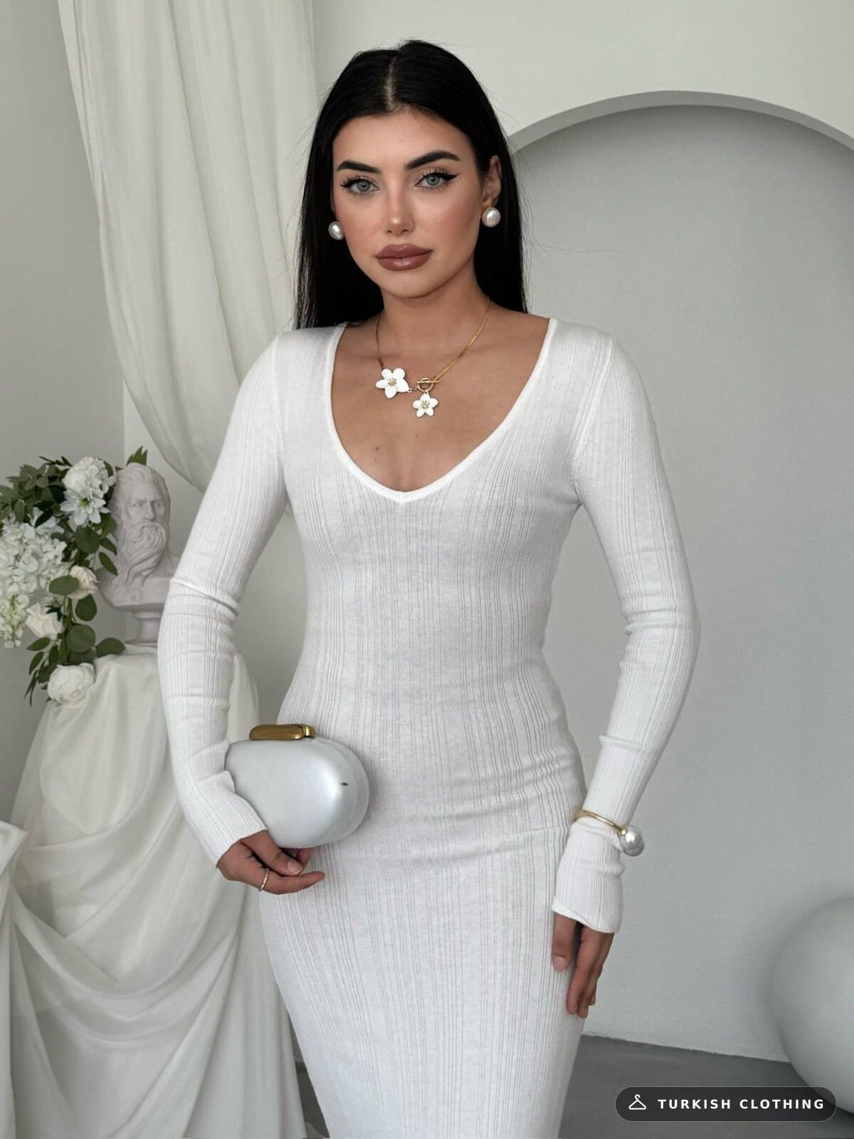 Ketas Midi Dress — White in Acrylic – wholesale Women's Dresses by Etika, Turkish clothing manufacturer