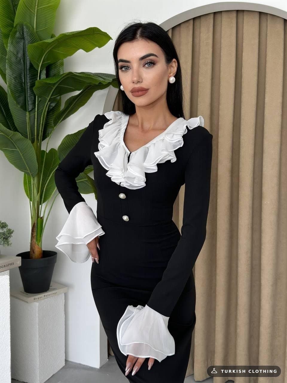 Liplan Collar Ruffle Midi Dress — Black in Poplin · – wholesale Women's Dresses by Etika, Turkish clothing manufacturer