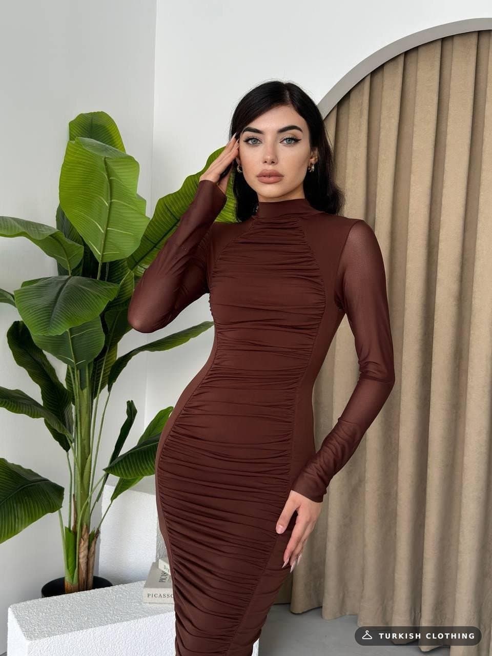 Lisburn Long Sleeve Tulle Dress — Brown – wholesale Women's Dresses by Etika, Turkish clothing manufacturer