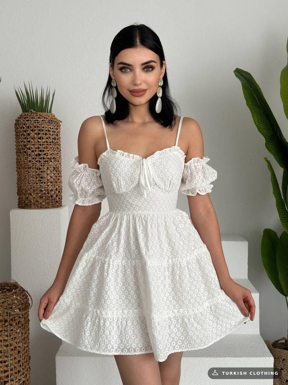 Lucca Mini Dress with Elastic Sleeves — White in Poplin – wholesale Women's Dresses by Etika, Turkish clothing manufacturer