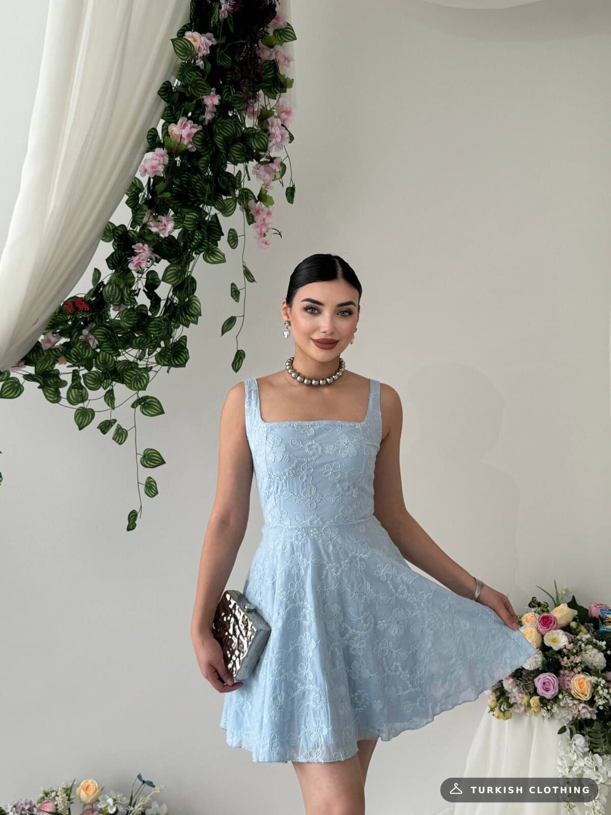 Lyro Floral Embroidered Dress — Baby Blue in Poplin – wholesale Women's Dresses by Etika, Turkish clothing manufacturer